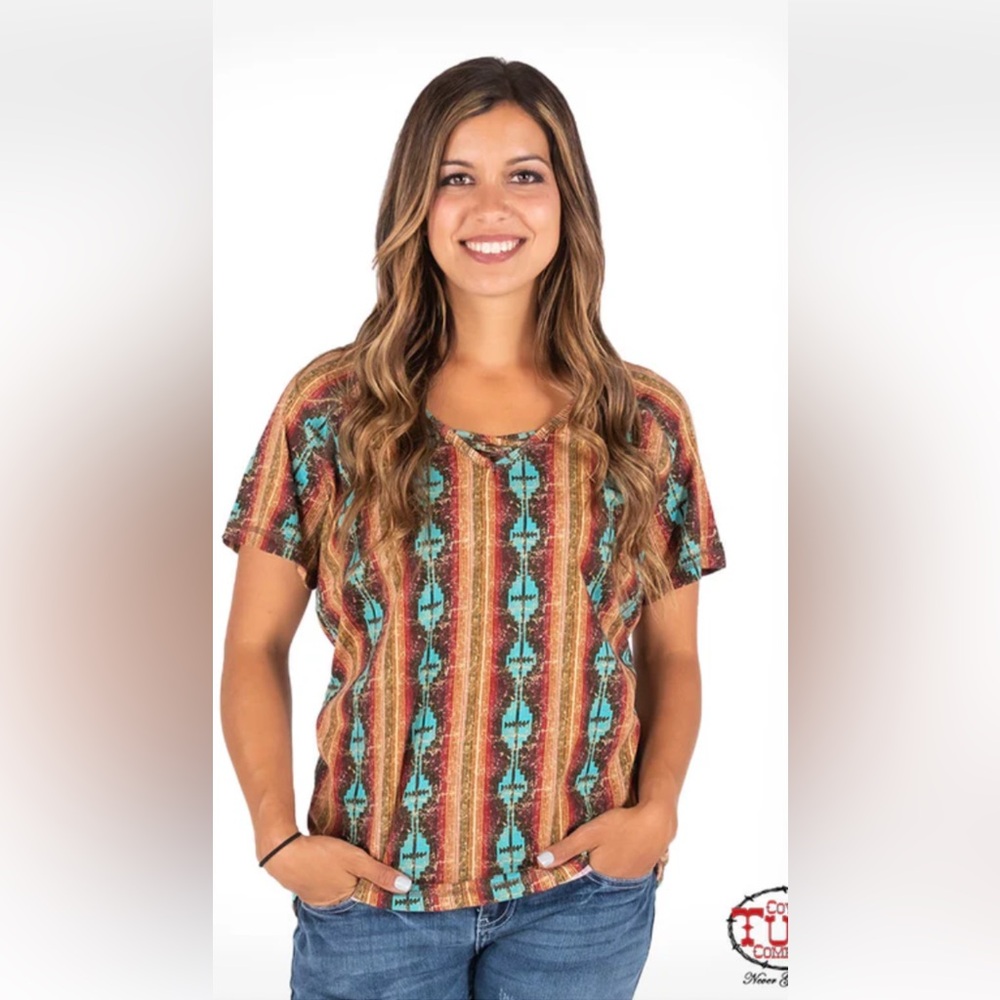Cowgirl Tuff Western Cowgirl S/S Aztec Strappy V-Neck Pullover Top. Sz XL